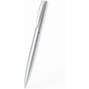 A silver pen with a sleek design and a clip on the side. It features a simple, elegant style.
