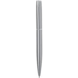 A silver pen with a sleek design, featuring a logo on its surface.