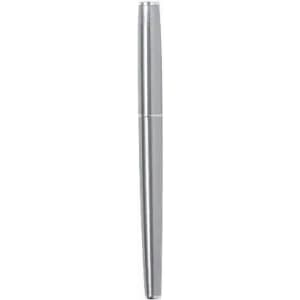 A sleek silver pen with a smooth, cylindrical design and a subtle logo on the body.