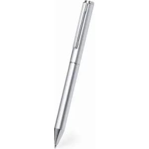 A silver pen with a sleek design and a clip feature. The pen has a minimalist aesthetic.