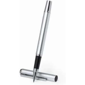 A silver pen with a black grip, displayed with the cap removed, featuring a logo on the body.