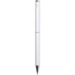 A sleek white pen with a chrome clip and tip, featuring a subtle branding logo.
