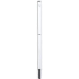 A white pen with a sleek design, featuring a shiny silver tip and a branding logo at the top.