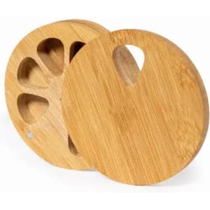 A bamboo serving board set featuring a round base with a cut-out handle and five cavity sections for snacks.