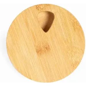 A wooden round serving board with a small cutout, featuring a natural bamboo finish.