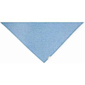 A blue triangular bandana made from a textured fabric, featuring a small logo at the bottom corner.