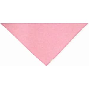 A pink triangle bandana made from soft fabric, featuring a small logo in one corner.