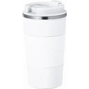 A drink bottle in white with a textured grip and a silver lid. It features a simple, modern design.