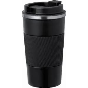 A drink bottle featuring a sleek black design with a ribbed grip and a secure lid, also has a logo.