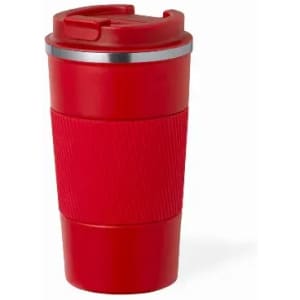 A red travel mug features a textured grip and a lid, with a stainless steel band near the top.