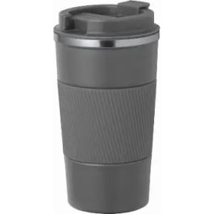 A drink bottle in grey with a textured grip and a secure lid. Features a logo on the front.