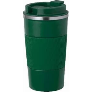 A green drink bottle with a ribbed grip and a silver lid, featuring a logo.