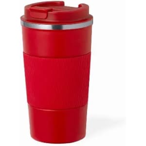 A drink bottle in bright red with a textured grip and a silver band near the lid, featuring a logo.