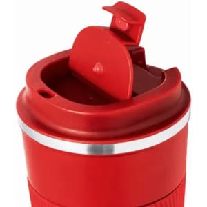 A drink bottle in vibrant red with a silver band and a flip-top lid. It features a logo on the side.