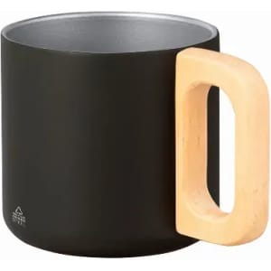 A drink bottle with a matte black exterior and a wooden handle, featuring a silver interior and a logo.