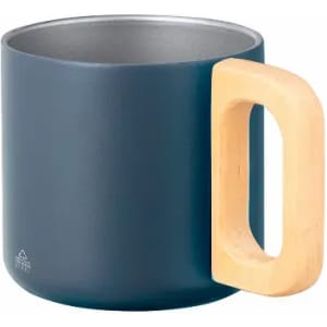 A drink bottle with a navy matte exterior and a wooden handle, featuring a metal interior and a logo.