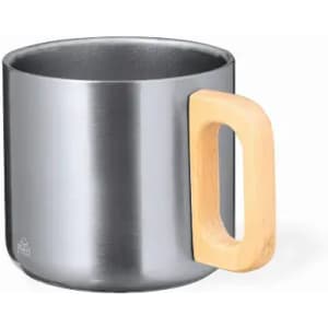 A drink bottle featuring a stainless steel body and a wooden handle, showcasing a sleek and modern design.