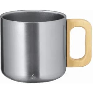 A drink bottle featuring a metallic silver body and a natural wood handle. The design is sleek and modern.
