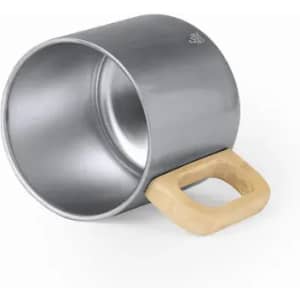 A drink bottle featuring a metallic silver body and a wooden handle. It has a simple, modern design.