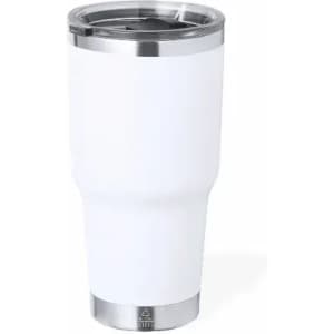 A drink bottle in white with a stainless steel base and a clear lid, featuring a branding logo.