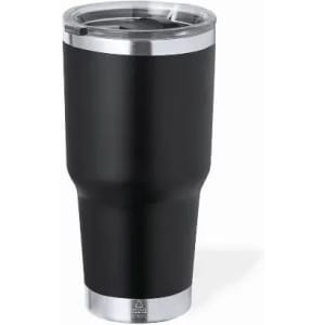 A drink bottle in matte black with a stainless steel rim and a transparent lid. It has a sleek, curvy design.