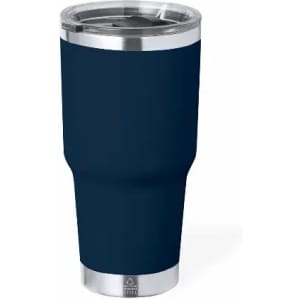 A drink bottle in dark navy, featuring a stainless steel base and a transparent lid with a straw opening.