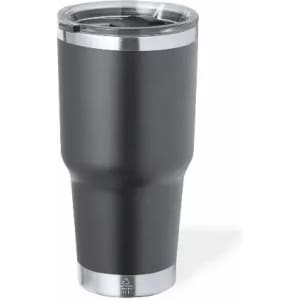 A drink bottle in matte black with a silver rim and a transparent lid, featuring a logo on the front.