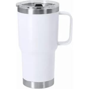 A drink bottle in white with a stainless steel base and a transparent lid, featuring a sturdy handle.