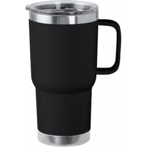 A drink bottle in matte black with a stainless steel base and a clear lid, featuring a sturdy handle.