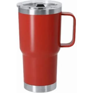 A drink bottle in vibrant red with a stainless steel base and a handle, featuring a lid for easy access.