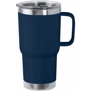 A drink bottle in navy blue with a stainless steel base and a clear lid, featuring a handle and a logo.