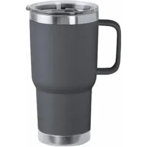 A drink bottle in dark grey with a silver base and a handle, featuring a transparent lid.