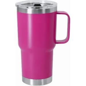 A drink bottle in bright pink with a metallic silver lid and handle, featuring a stainless steel base.