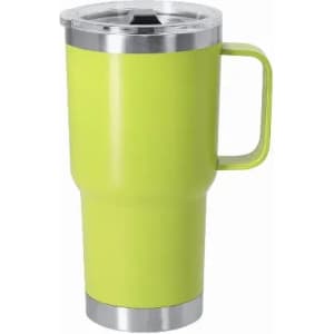 A drink bottle in bright lime green with a stainless steel base and a handle, featuring a lid.