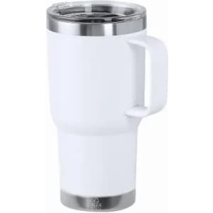 A white drink bottle with a stainless steel base and a handle, featuring a clear lid.
