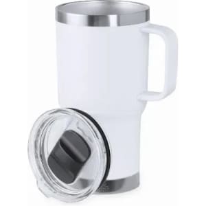 A drink bottle in white with a stainless steel base and a transparent lid, featuring a handle for easy carrying.