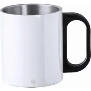 A drink bottle featuring a sleek white body and a black handle, with a stainless steel interior. It has a logo.