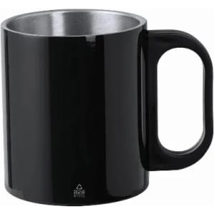 A drink bottle in a sleek black design with a stainless steel interior and a sturdy handle.
