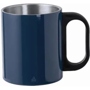 A drink bottle featuring a shiny navy exterior and a black handle, with a stainless steel interior.