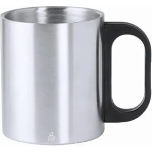 A stainless steel mug with a black handle, featuring a simple cylindrical design and a polished finish.