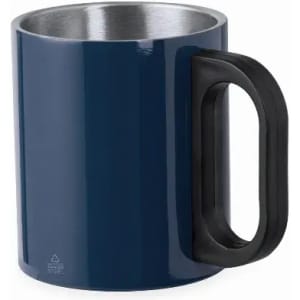 A drink bottle featuring a navy blue exterior, stainless steel interior, and a black handle, including a logo.