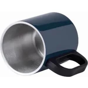 A drink bottle featuring a navy exterior, stainless steel interior, and a black handle. It has a logo on the side.