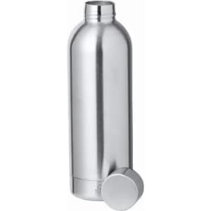 A silver drink bottle with a sleek design and a screw-on lid, featuring a circular base.
