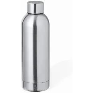 A drink bottle made of stainless steel with a sleek, silver finish and a round, screw-on lid.
