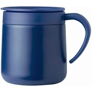 A drink bottle in navy blue with a lid and a handle, featuring a smooth, glossy finish.