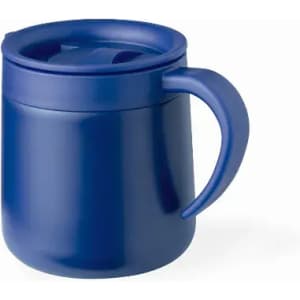 A drink bottle in a deep blue colour with a sturdy handle and a secure lid, featuring a logo.