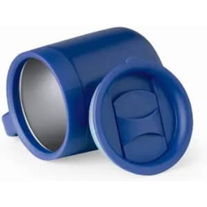 A drink bottle in blue with a lid featuring a sliding opening mechanism. It has a simple, sleek design.