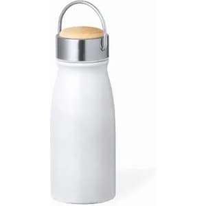 A drink bottle in white with a silver lid and wooden accent. It features a handle for easy carrying.