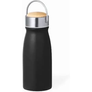 A drink bottle in matte black with a metal and wooden cap. Features a sleek, minimalist design.