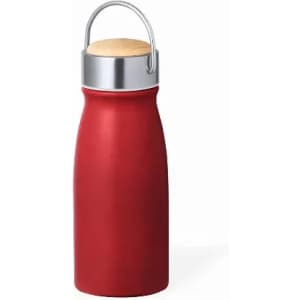 A drink bottle in a red hue with a silver cap and wooden top, featuring a handle for easy carrying.